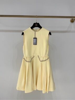 🚩steal Prada Pale Yellow Sleeveless Chain-Trim Fit-and-Flare Dress